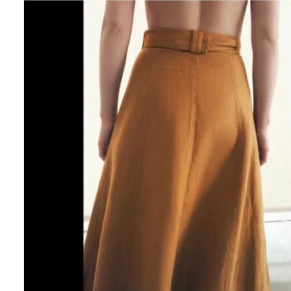 ZARA Linen Pareo Wrap High-Waist Toffee Taupe Brown Midi Maxi Skirt $69.90 - Picture 7 of 8
